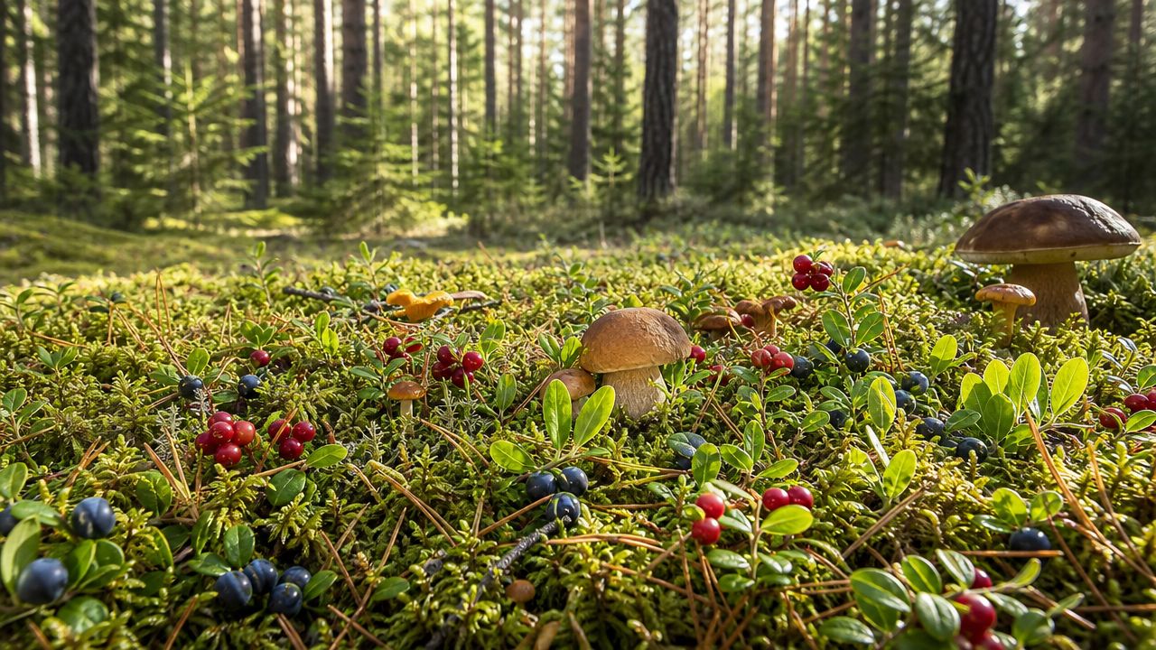 Мох, брусника, черника и боровики в сосновом лесу
